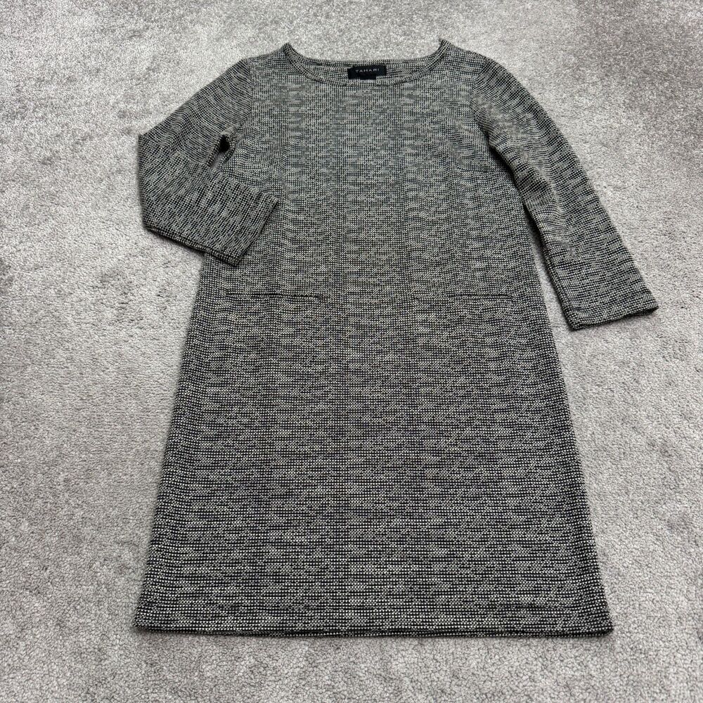 Tahari Textured Knit Mini Shift Dress Womens XS Gray 3/4 Sleeve Pockets Career
